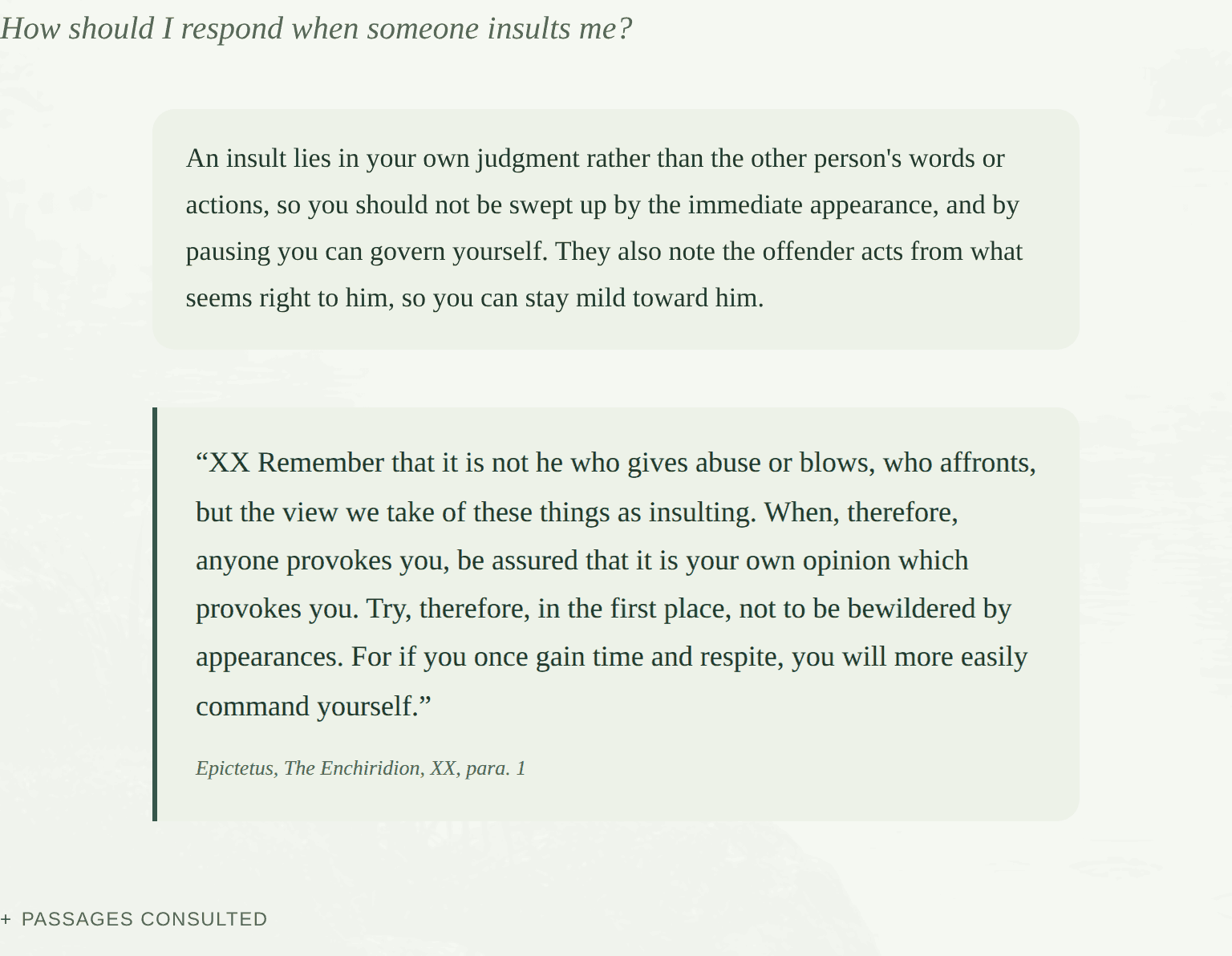 Live guru answer to a question about insults, showing a model-written synopsis above one verbatim quotation from Epictetus, The Enchiridion, and its citation